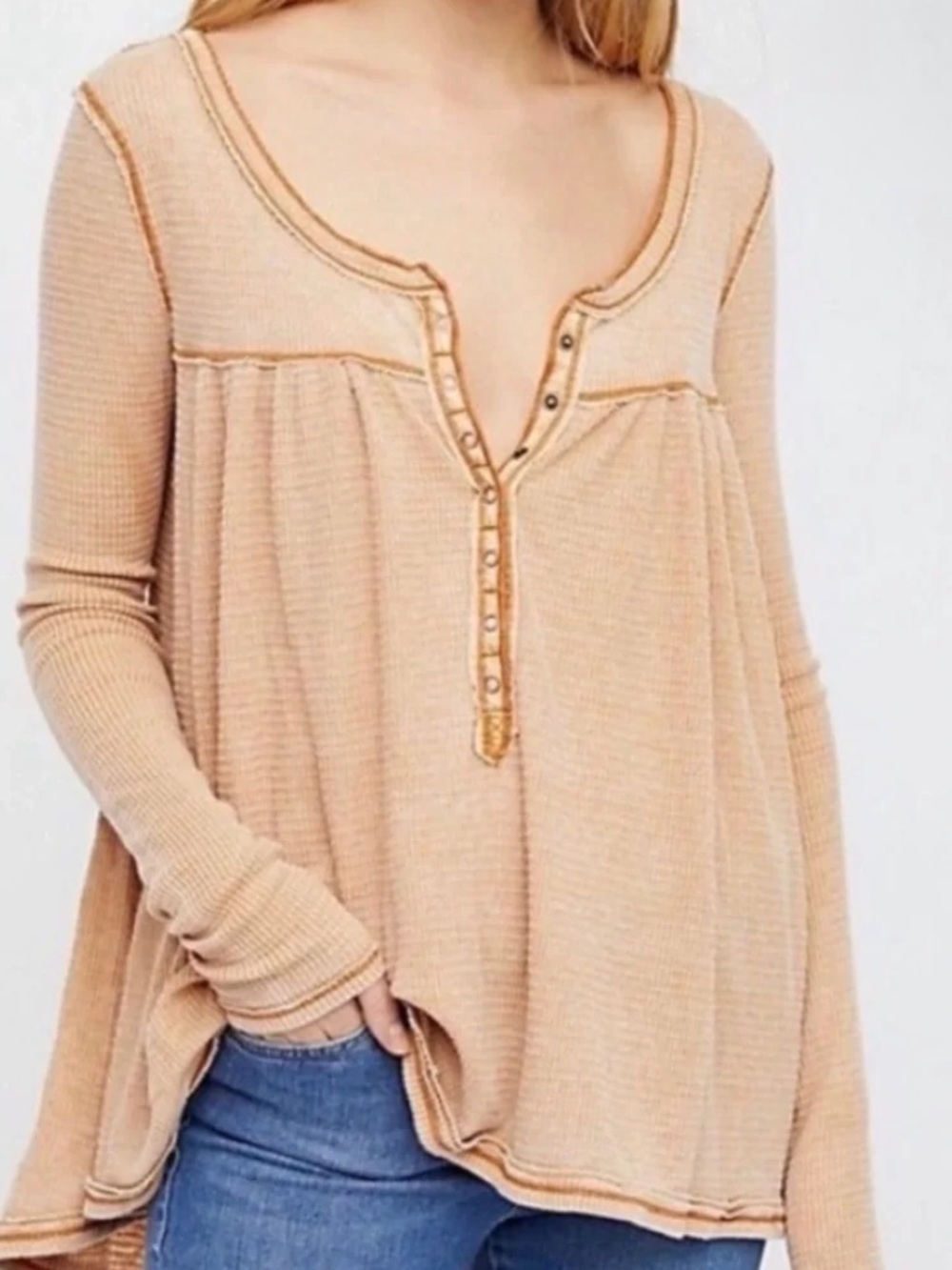 We The Free Long-Sleeve Waffle Henley in Peach Oversized Sz Small